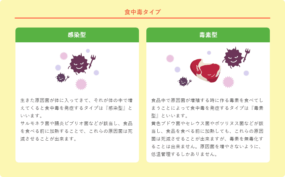 食中毒タイプ 感染型 生きた原因菌が体に入ってきて、それが体の中で増えてくると食中毒を発症するタイプは『感染型』といいます。サルモネラ菌や腸炎ビブリオ菌などが該当し、食品を食べる前に加熱することで、これらの原因菌は死滅させることが出来ます。 毒素型 食品中で原因菌が増殖する時に作る毒素を食べてしまうことによって食中毒を発症するタイプは『毒素型』といいます。黄色ブドウ菌やセレウス菌やボツリヌス菌などが該当し、食品を食べる前に加熱しても、これらの原因菌は死滅させることが出来ますが、毒素を無毒化することは出来ません。原因菌を増やさないように、低温管理するしかありません。