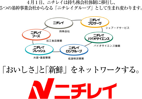 4月1日、ニチレイは持ち株会社体制に移行し、5つの基幹事業会社からなる「ニチレイグループ」として生まれ変わります。